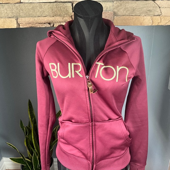 VTG Y2K Burton Snowboard DryRide WB Scoop Hoodie Fleece Layering Maroon Gold XS - Picture 3 of 10